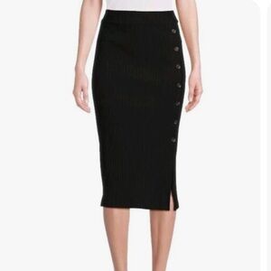 Super stretchy black, size large time and tru skirt. Midi length.
